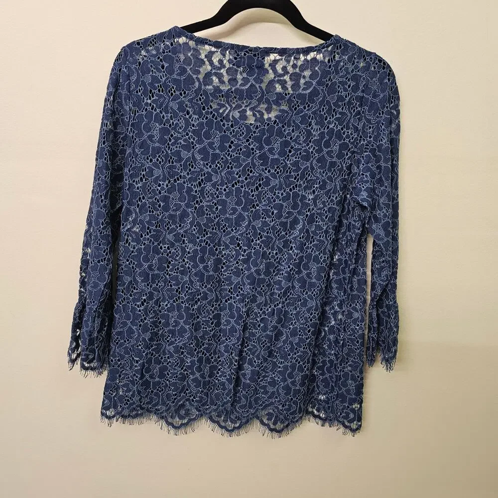 Petite Small Blue Floral Lace Top Eyelash Fringe Hem Crochet Blouse | Rafaella - Picture 5 of 6